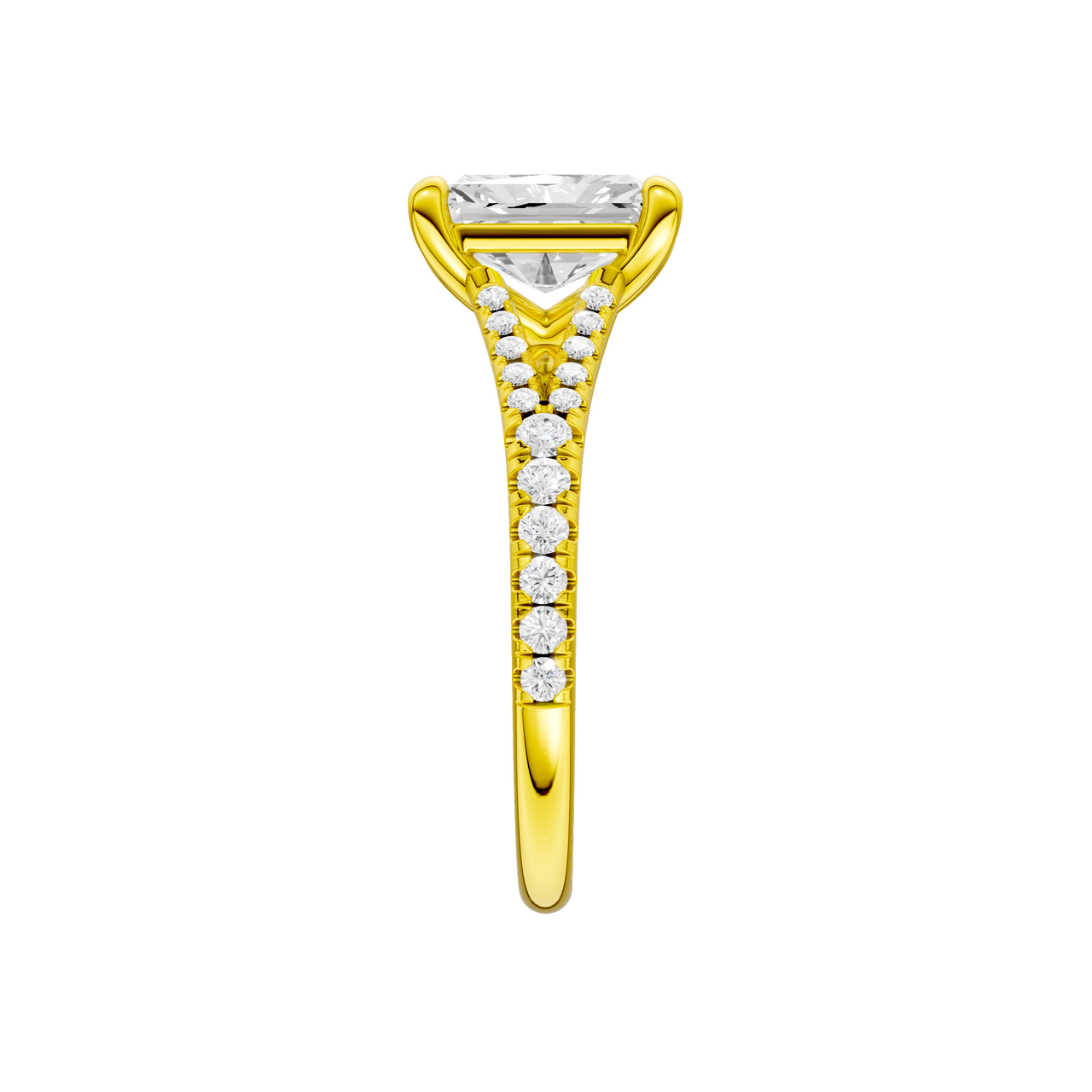 A side view of the Radiant cut diamond engagement ring in 14k yellow gold with a diamond band and solitaire setting