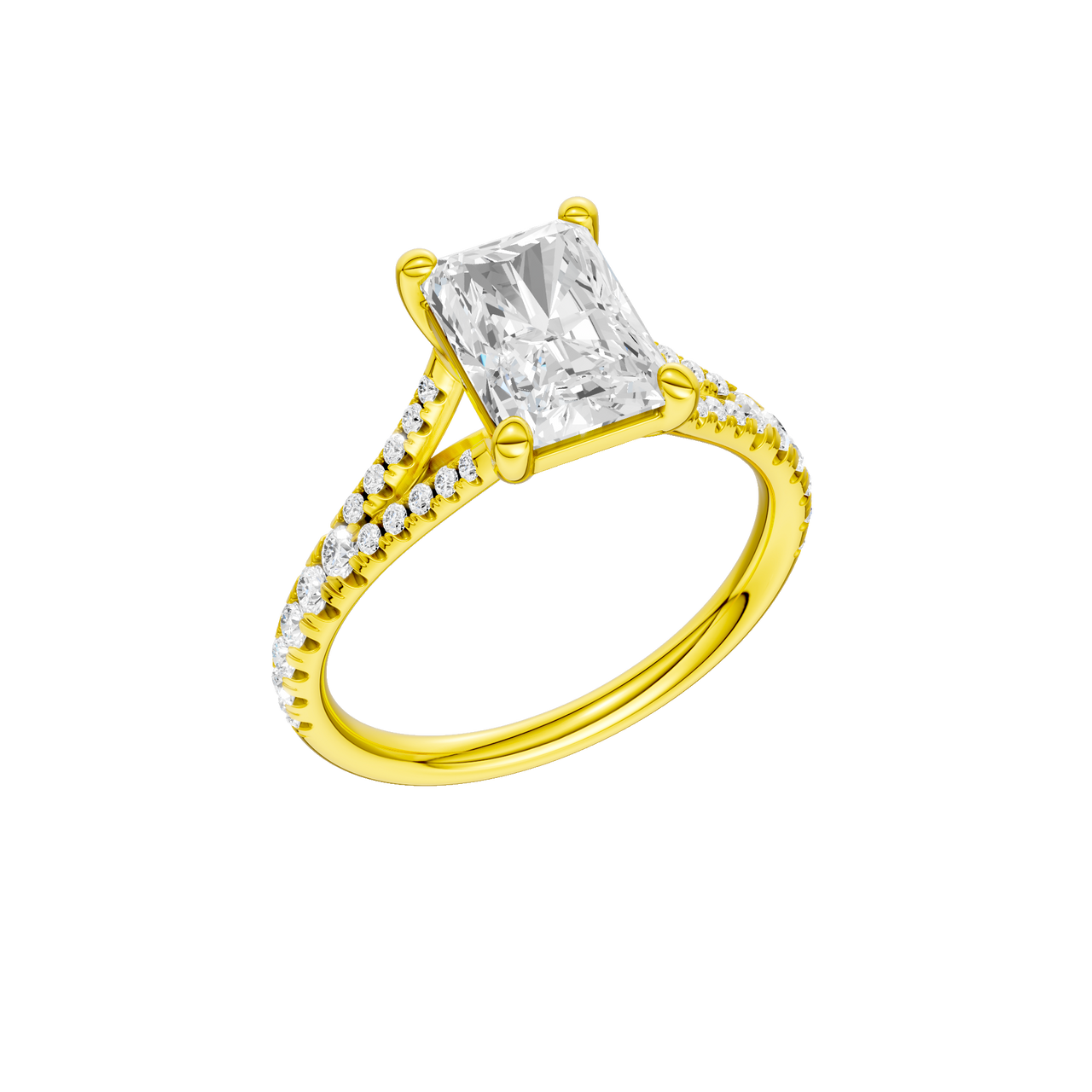 A three-quarter view of the Radiant cut diamond engagement ring in 14k yellow gold with a diamond band and solitaire setting