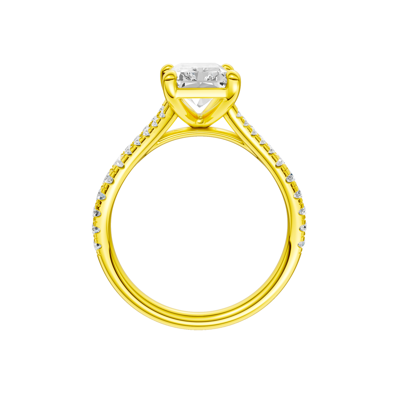 A profile view of the Radiant cut diamond engagement ring in 14k yellow gold with a diamond band and solitaire setting