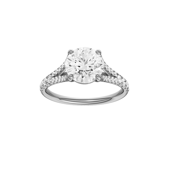 A front view of the Round cut diamond engagement ring in 14k white gold with a diamond band and solitaire setting