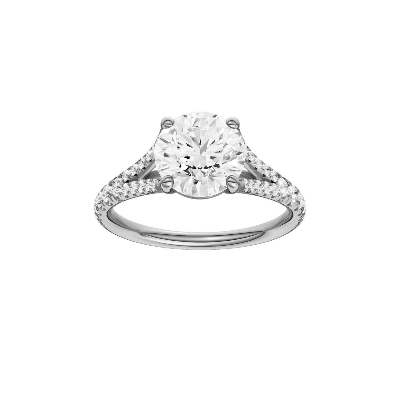 A front view of the Round cut diamond engagement ring in 14k white gold with a diamond band and solitaire setting
