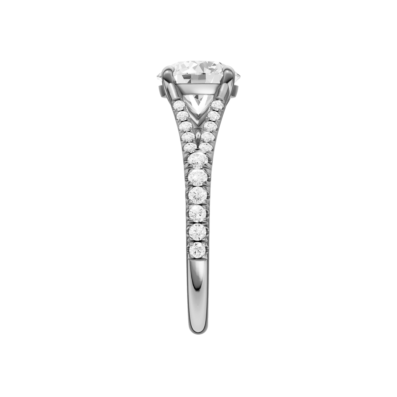 A side view of the Round cut diamond engagement ring in platinum with a diamond band and solitaire setting