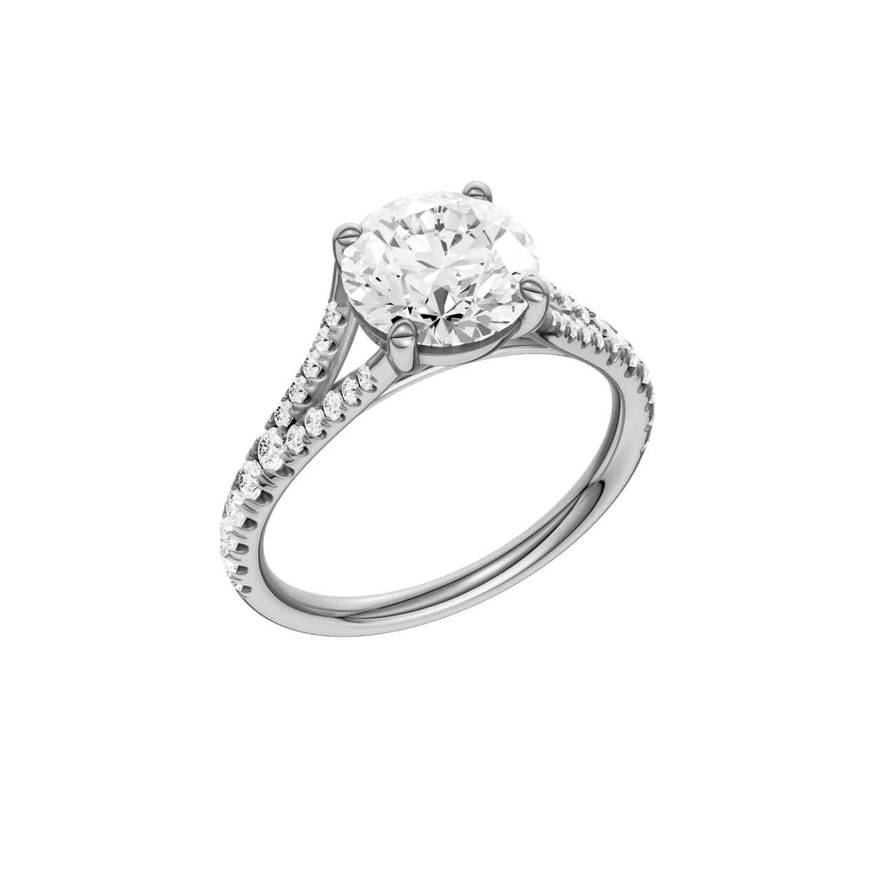 A three-quarter view of the Round cut diamond engagement ring in 14k white gold with a diamond band and solitaire setting