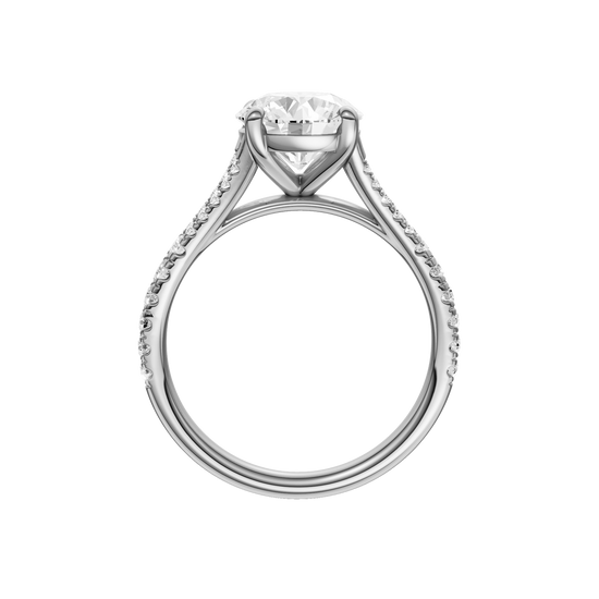 A profile view of the Round cut diamond engagement ring in platinum with a diamond band and solitaire setting
