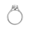 A profile view of the Round cut diamond engagement ring in platinum with a diamond band and solitaire setting