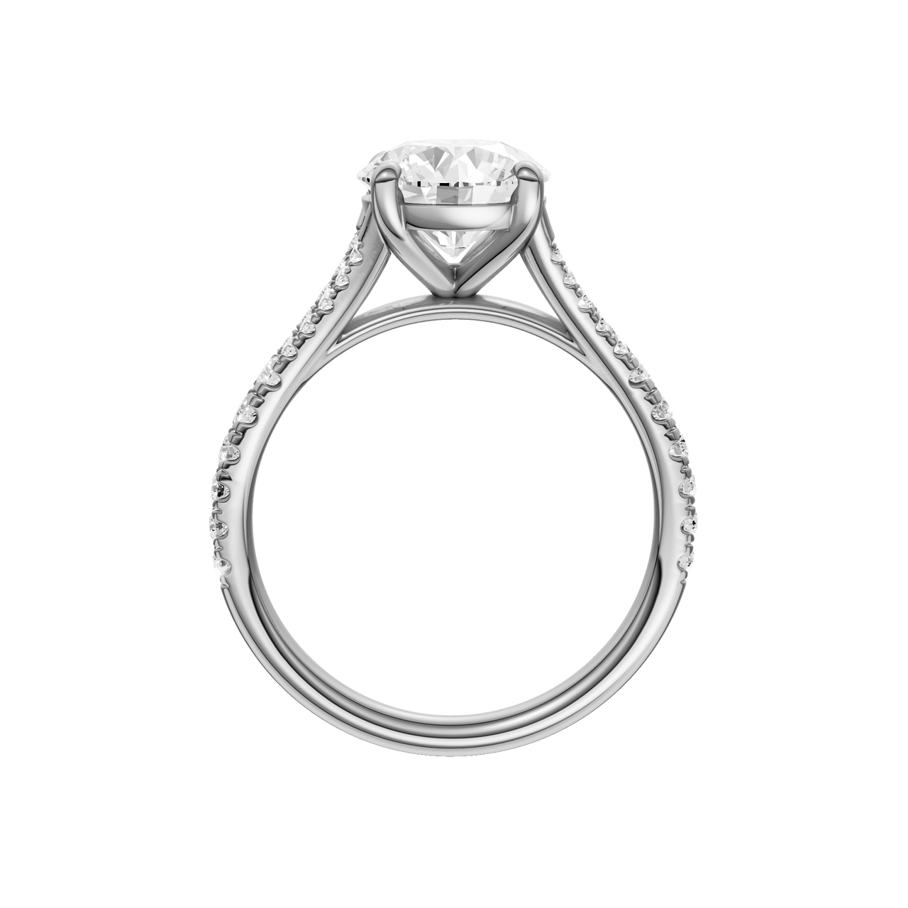 A profile view of the Round cut diamond engagement ring in 14k white gold with a diamond band and solitaire setting