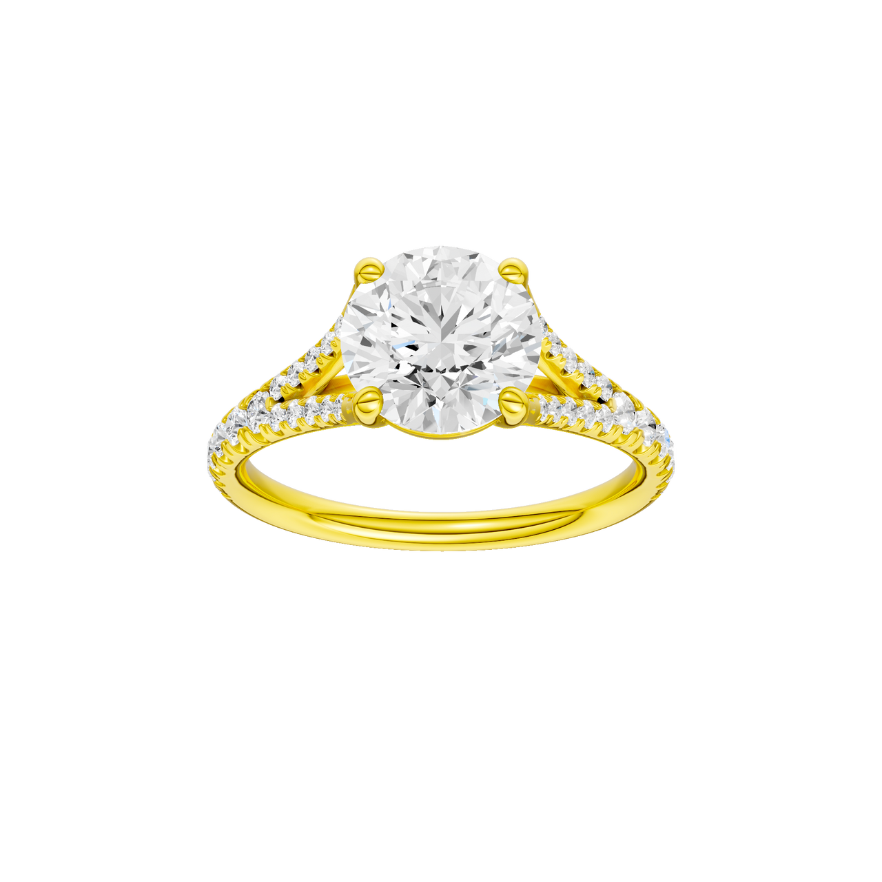 A front view of the Round cut diamond engagement ring in 14k yellow gold with a diamond band and solitaire setting