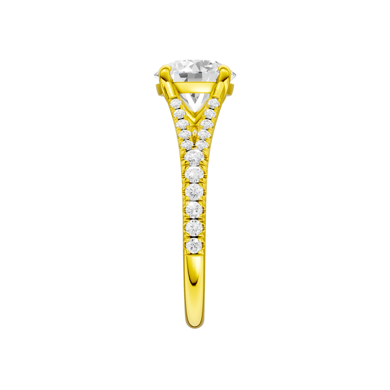 A side view of the Round cut diamond engagement ring in 14k yellow gold with a diamond band and solitaire setting