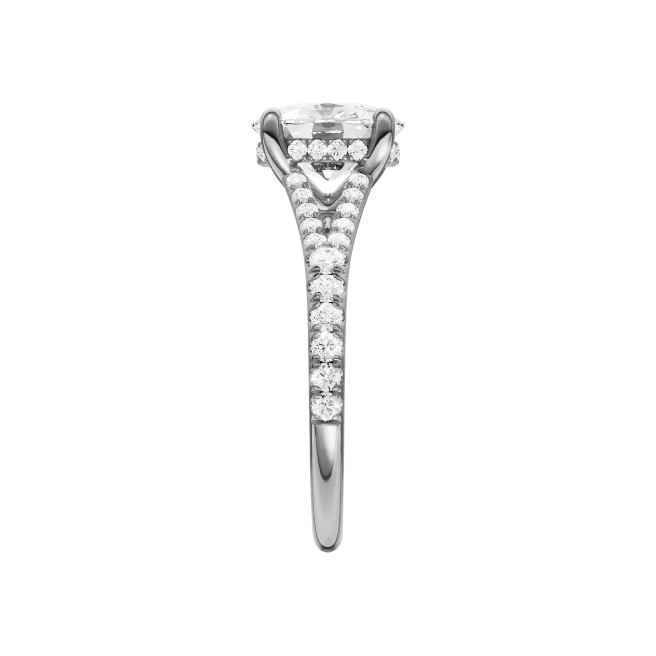 A side view of the Elongated Cushion cut diamond engagement ring in 14k white gold with a diamond band and hidden halo setting