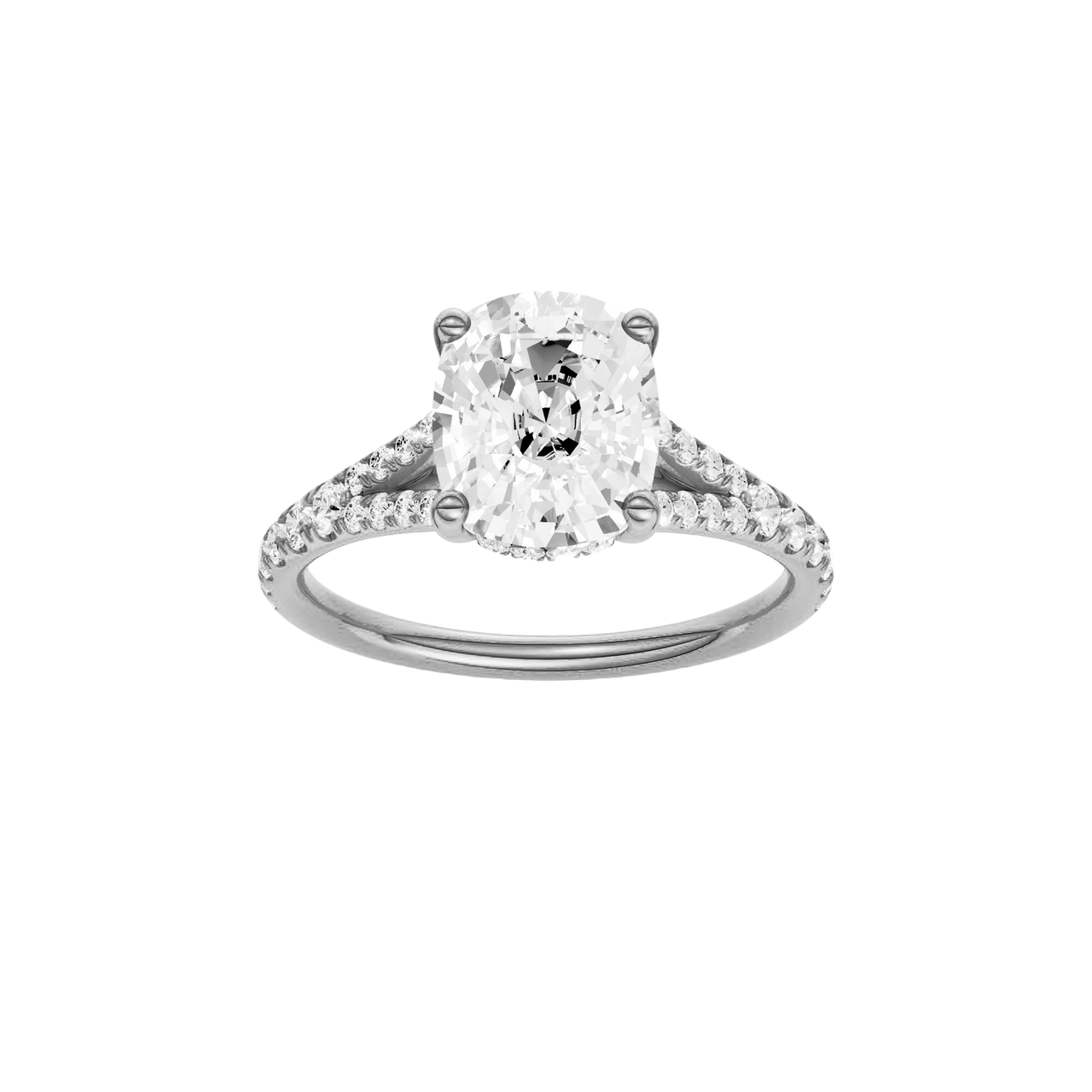 A front view of the Elongated Cushion cut diamond engagement ring in platinum with a diamond band and hidden halo setting