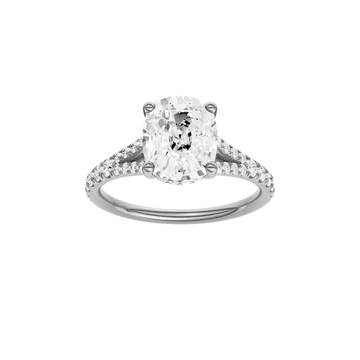 A front view of the Elongated Cushion cut diamond engagement ring in 14k white gold with a diamond band and hidden halo setting