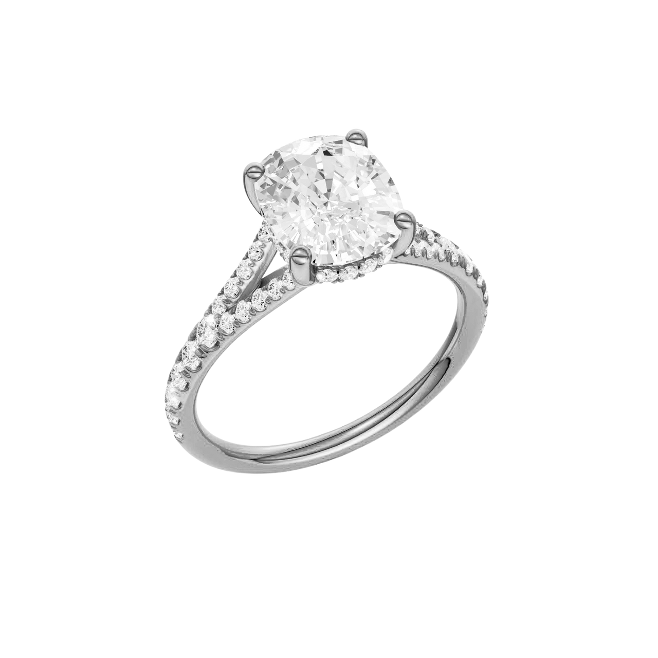 A three-quarter view of the Elongated Cushion cut diamond engagement ring in 14k white gold with a diamond band and hidden halo setting