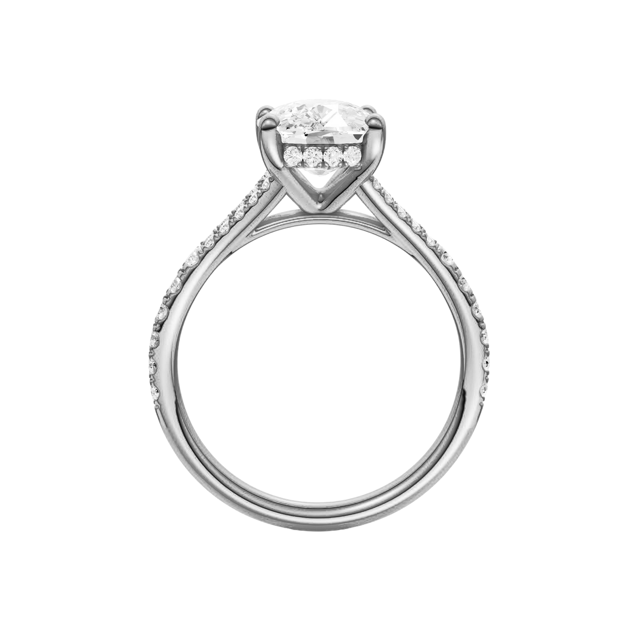 A profile view of the Elongated Cushion cut diamond engagement ring in 14k white gold with a diamond band and hidden halo setting