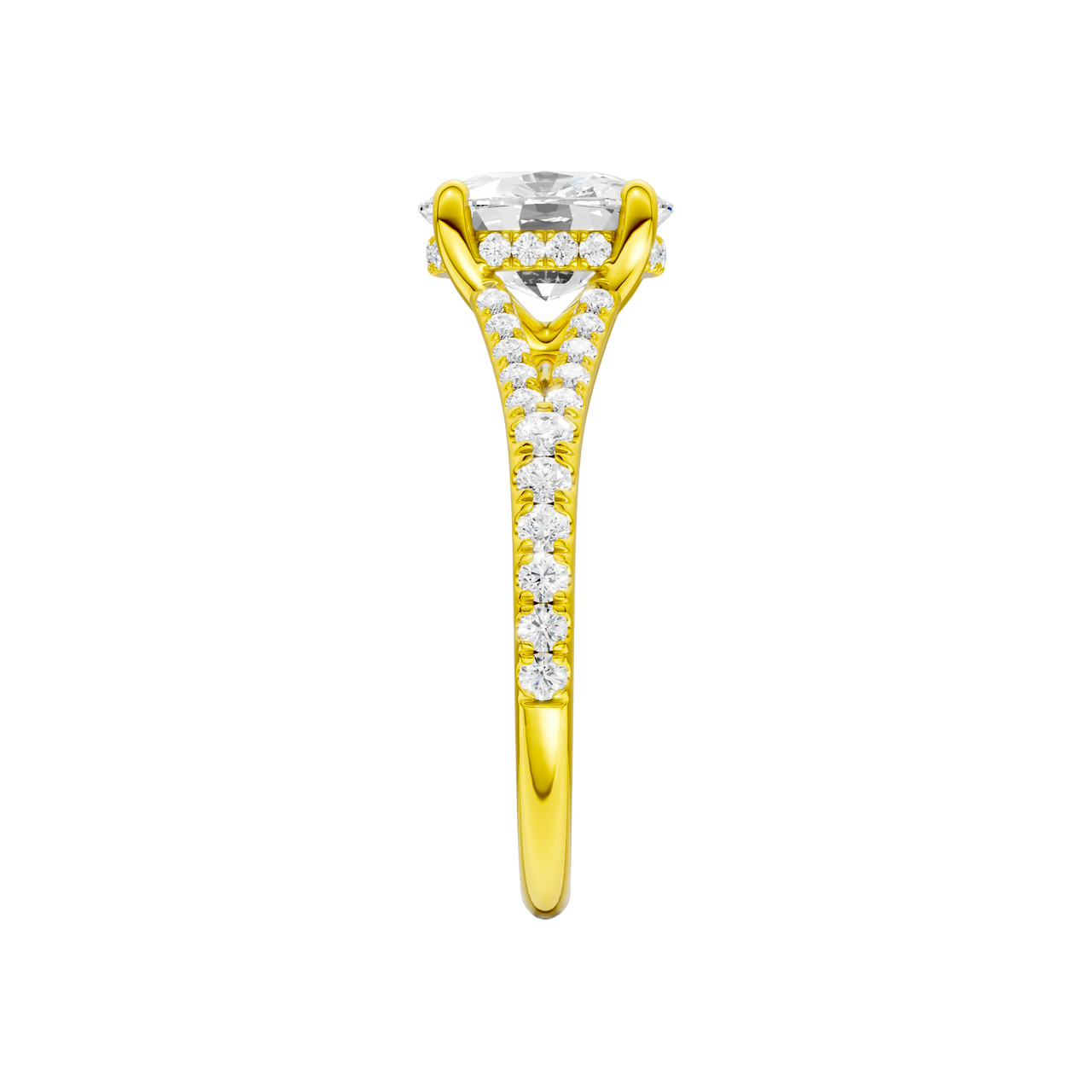 A side view of the Elongated Cushion cut diamond engagement ring in 14k yellow gold with a diamond band and hidden halo setting