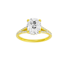 A front view of the Elongated Cushion cut diamond engagement ring in 14k yellow gold with a diamond band and hidden halo setting