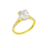 A three-quarter view of the Elongated Cushion cut diamond engagement ring in 14k yellow gold with a diamond band and hidden halo setting