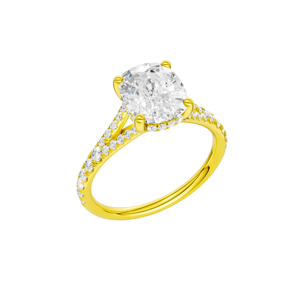 A three-quarter view of the Elongated Cushion cut diamond engagement ring in 14k yellow gold with a diamond band and hidden halo setting