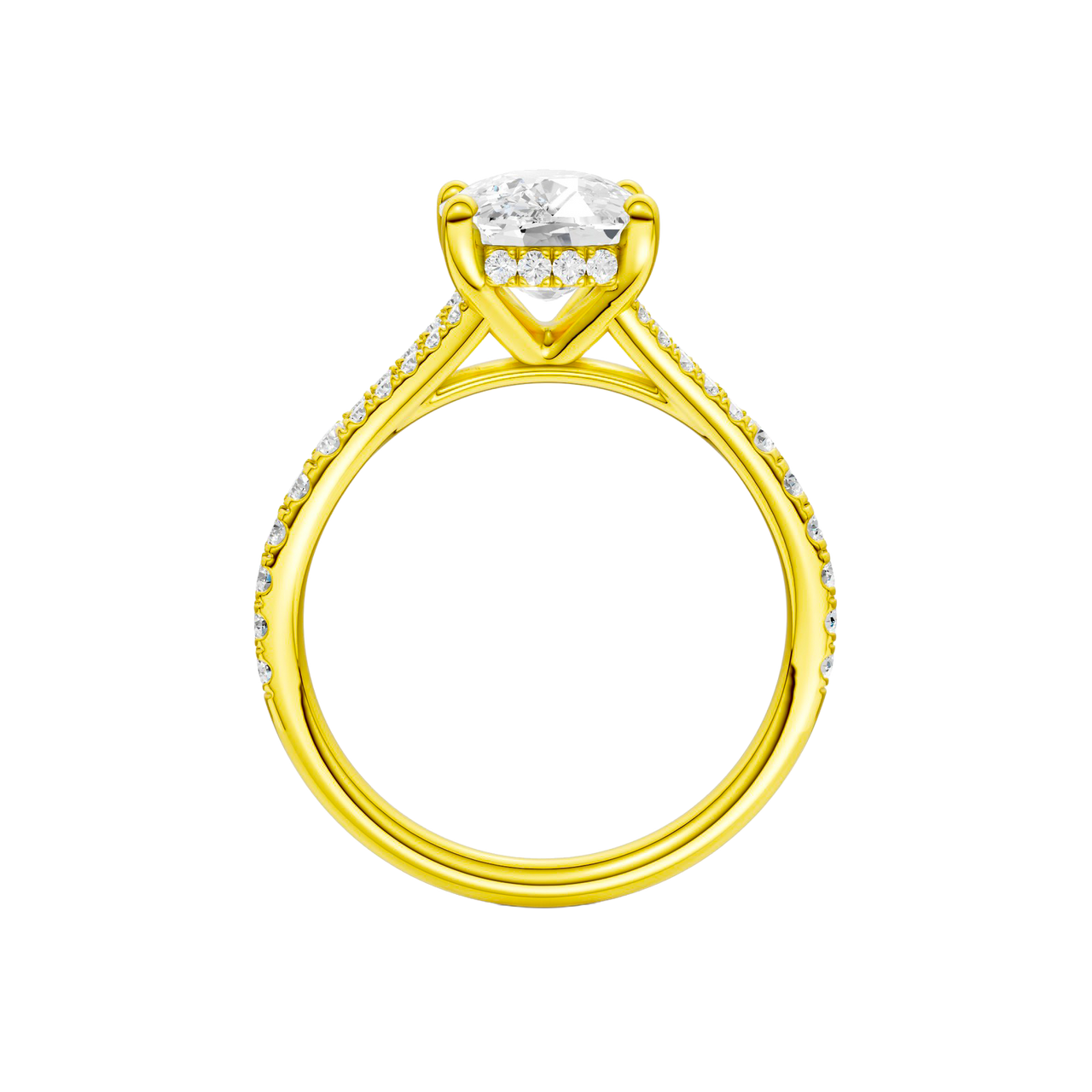 A profile view of the Elongated Cushion cut diamond engagement ring in 14k yellow gold with a diamond band and hidden halo setting