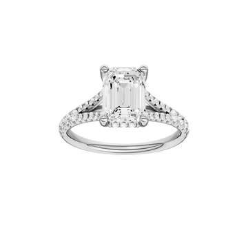 A front view of the Emerald cut diamond engagement ring in 14k white gold with a prong diamond band and hidden halo setting