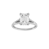 A front view of the Emerald cut diamond engagement ring in platinum with a prong diamond band and hidden halo setting