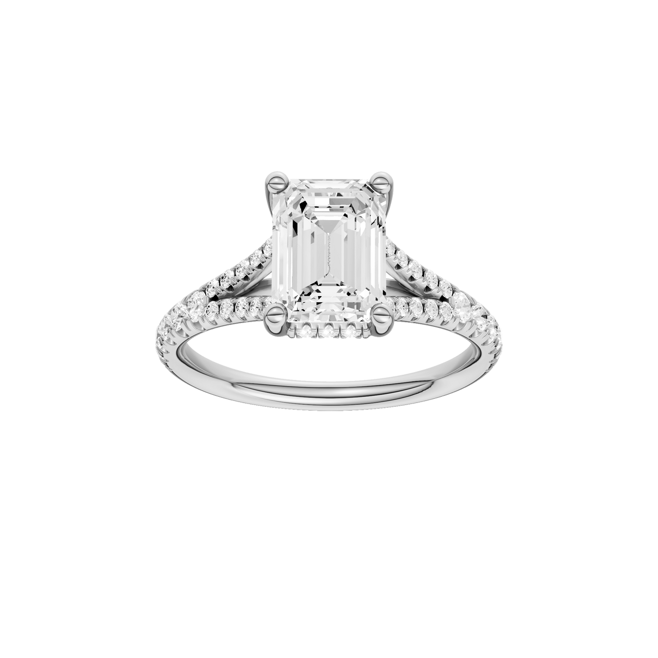 A front view of the Emerald cut diamond engagement ring in platinum with a prong diamond band and hidden halo setting