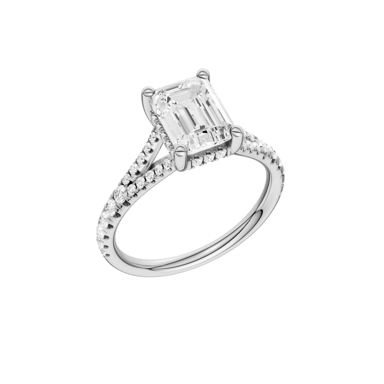 A three-quarter view of the Emerald cut diamond engagement ring in 14k white gold with a prong diamond band and hidden halo setting