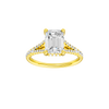 A front view of the Emerald cut diamond engagement ring in 14k yellow gold with a prong diamond band and hidden halo setting