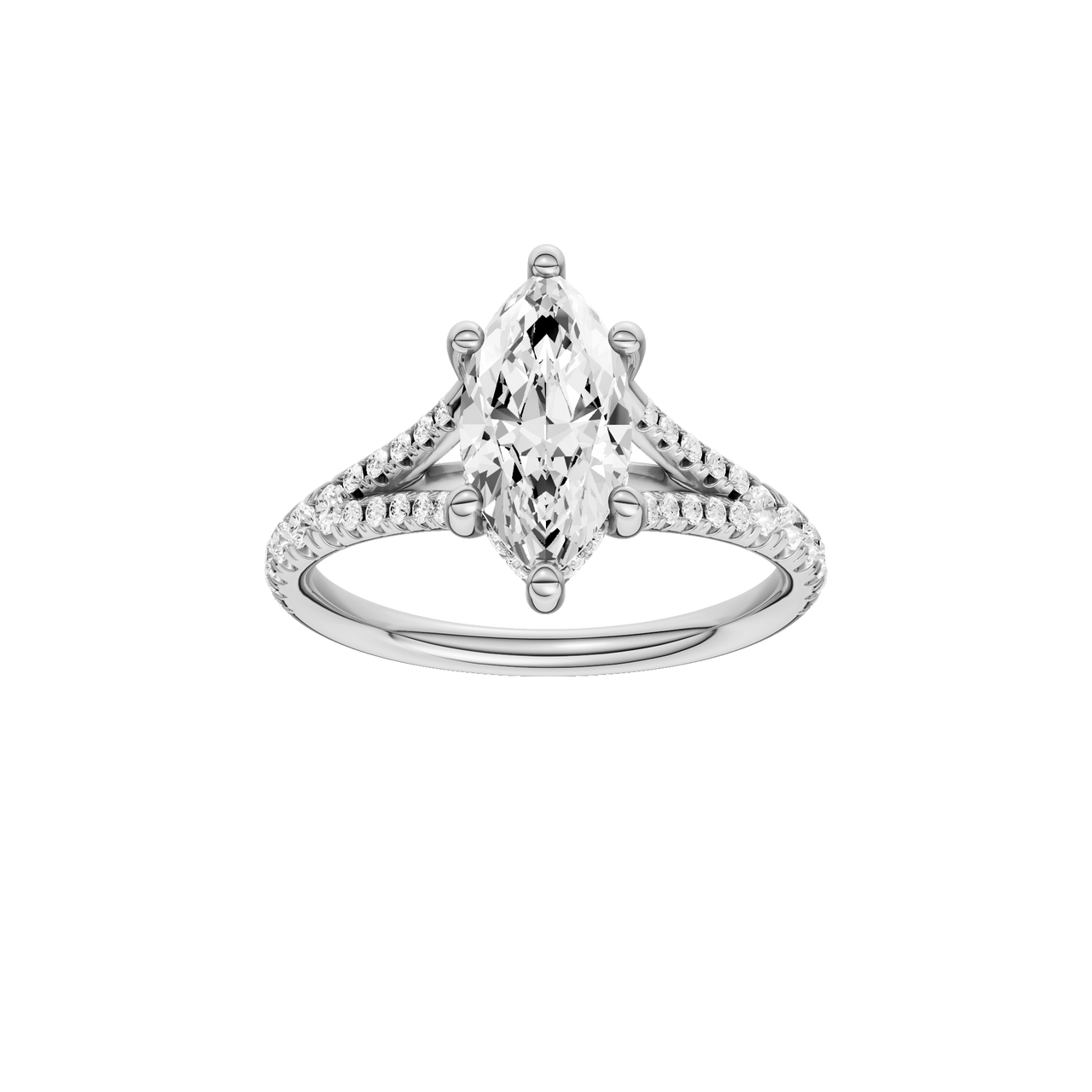 A front view of the Marquise cut diamond engagement ring in platinum with a prong band and hidden halo setting