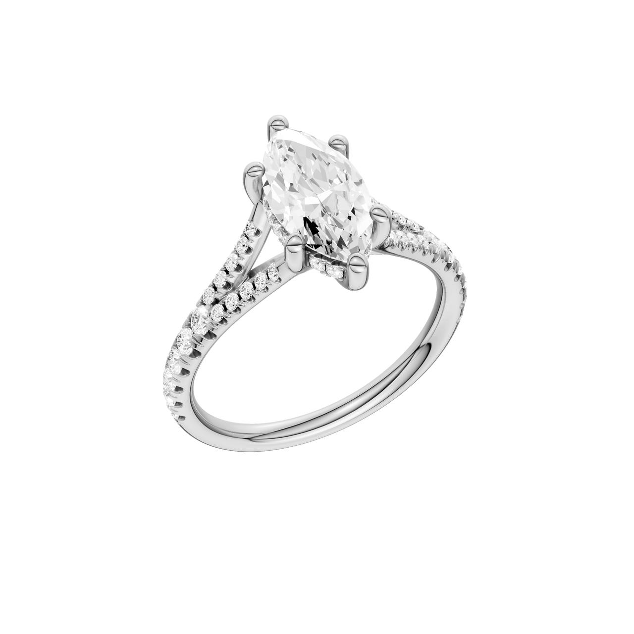 A three-quarter view of the Marquise cut diamond engagement ring in 14k white gold with a prong band and hidden halo setting