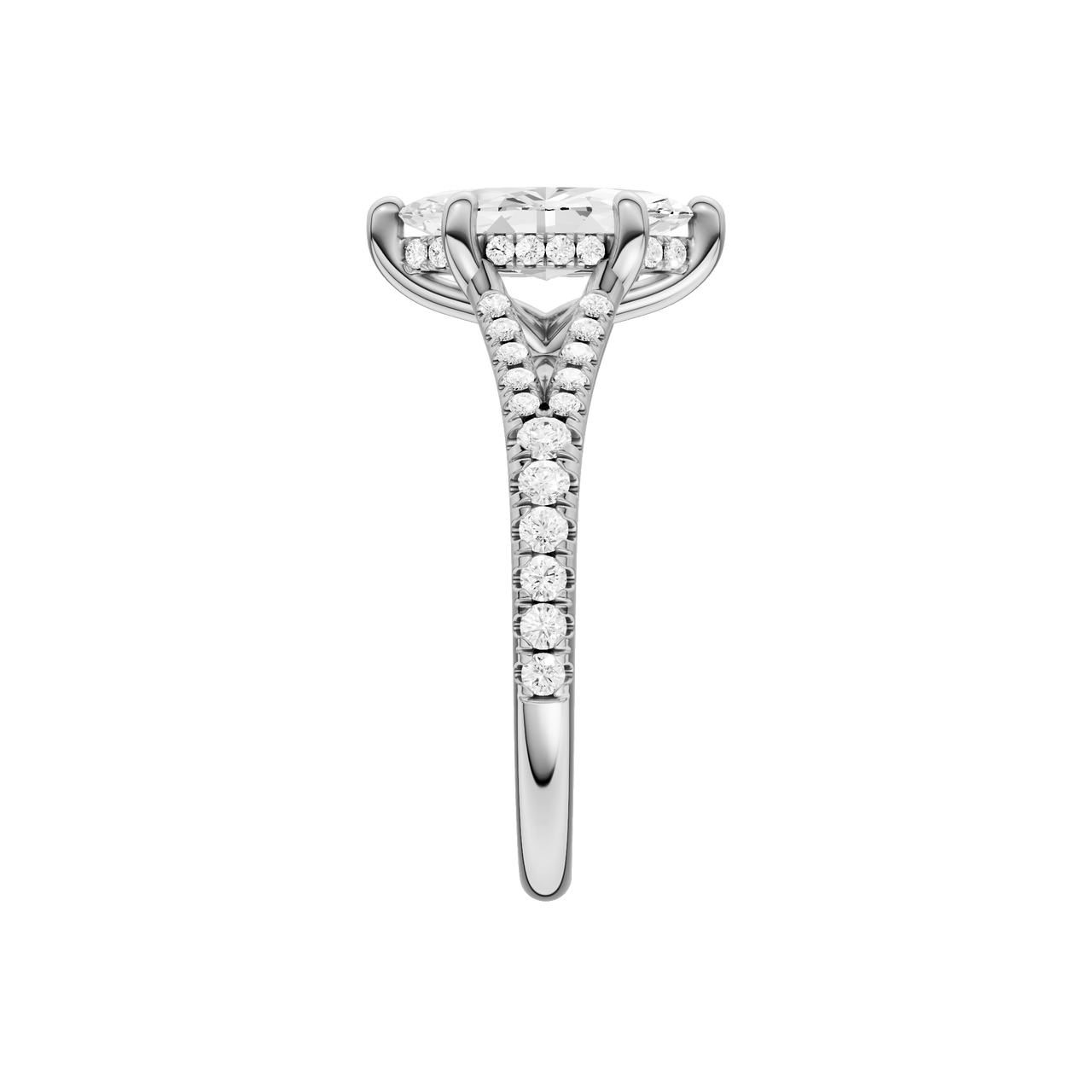 A side view of the Marquise cut diamond engagement ring in platinum with a prong band and hidden halo setting