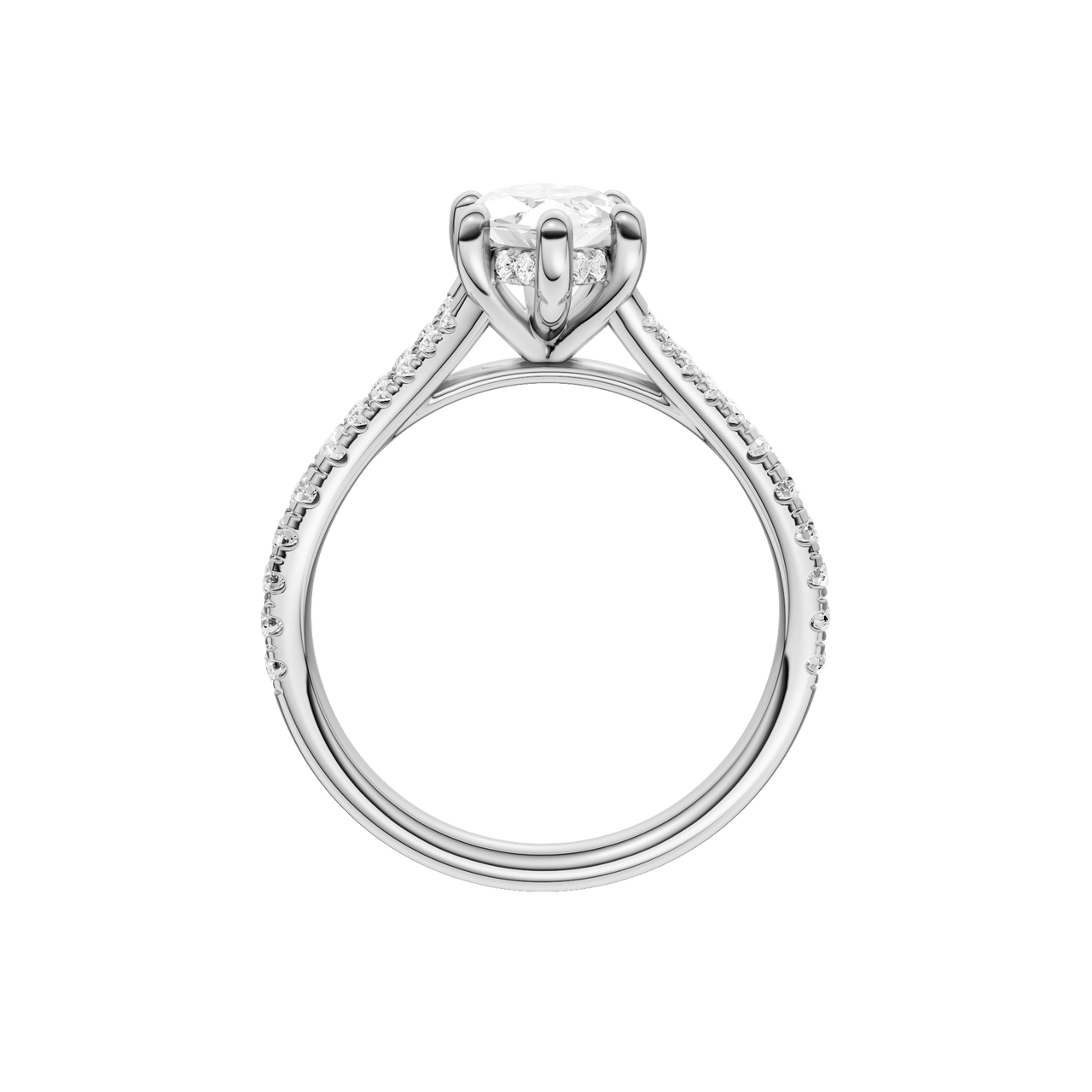 A profile view of the Marquise cut diamond engagement ring in platinum with a prong band and hidden halo setting