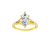 A front view of the Marquise cut diamond engagement ring in 14k yellow gold with a prong band and hidden halo setting