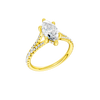 A three-quarter view of the Marquise cut diamond engagement ring in 14k yellow gold with a prong band and hidden halo setting