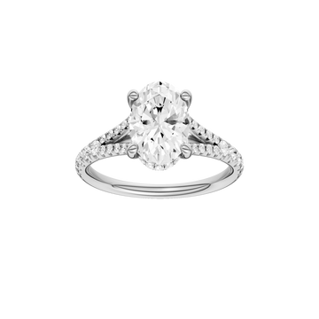 A front view of the Oval cut diamond engagement ring in 14k white gold with a prong band and hidden halo setting