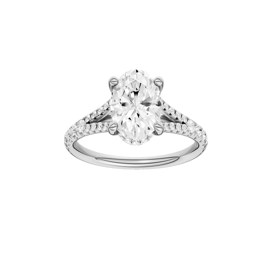 A front view of the Oval cut diamond engagement ring in 14k white gold with a prong band and hidden halo setting