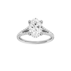 A front view of the Oval cut diamond engagement ring in platinum with a prong band and hidden halo setting