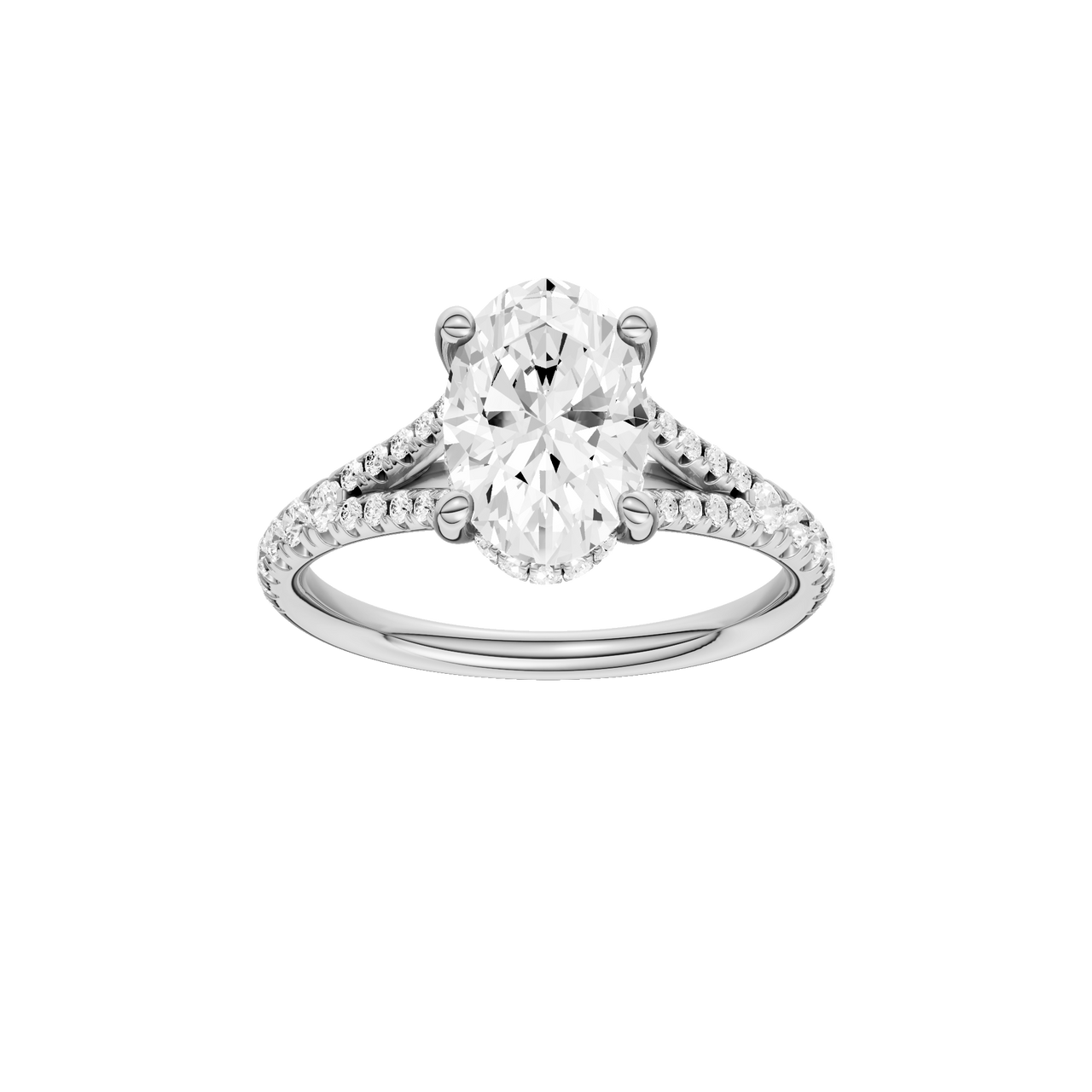 A front view of the Oval cut diamond engagement ring in platinum with a prong band and hidden halo setting