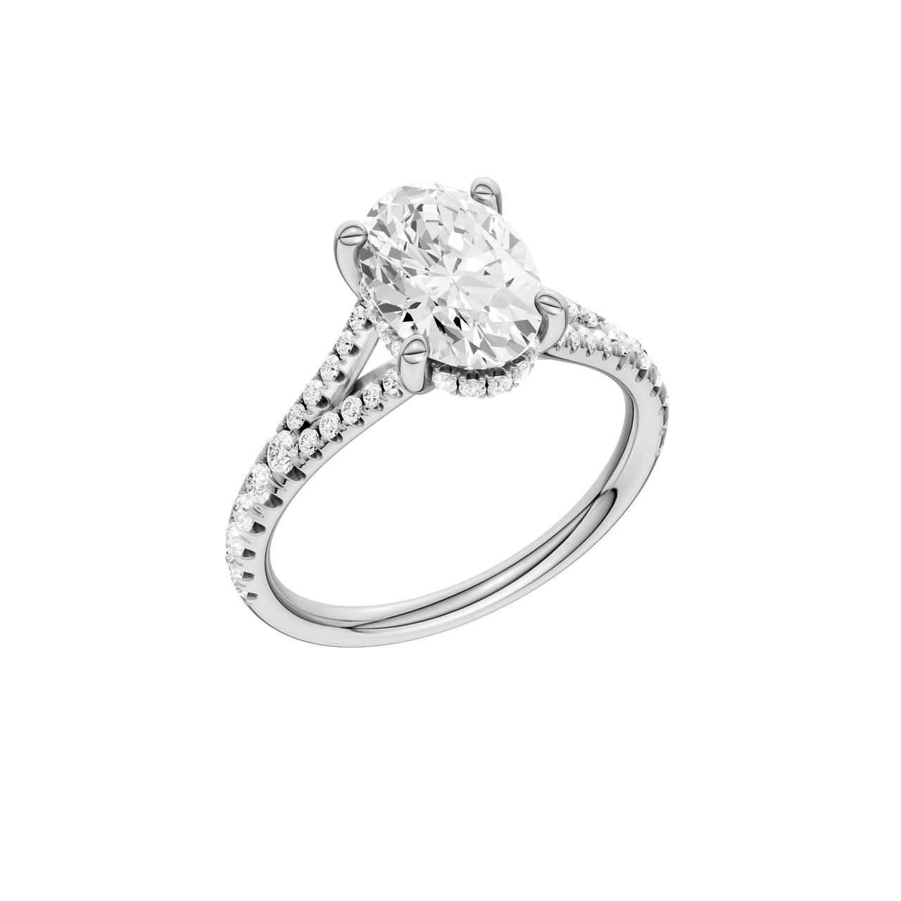 A three-quarter view of the Oval cut diamond engagement ring in platinum with a prong band and hidden halo setting