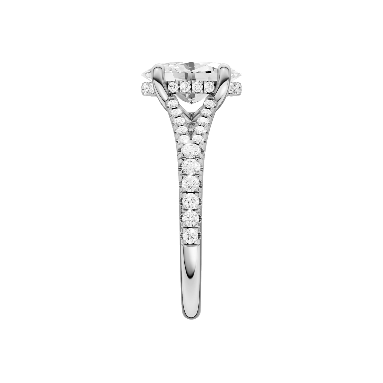 A side view of the Oval cut diamond engagement ring in platinum with a prong band and hidden halo setting