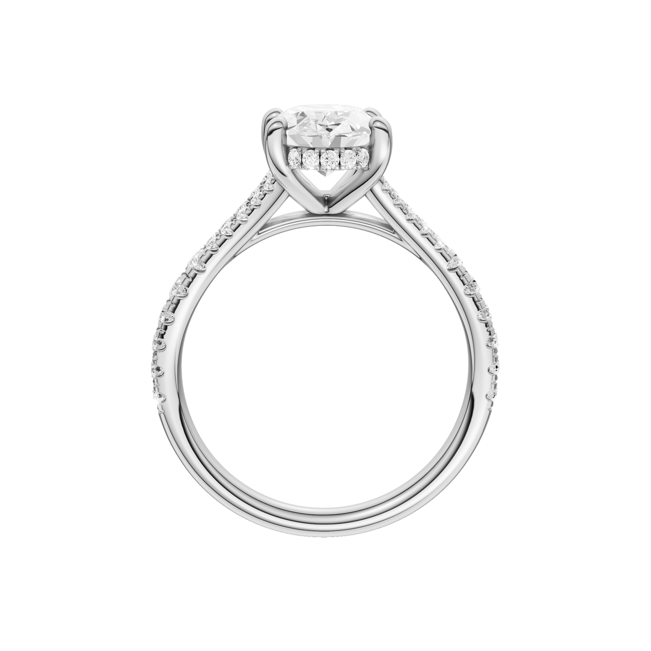 A profile view of the Oval cut diamond engagement ring in platinum with a prong band and hidden halo setting