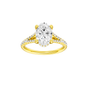 A front view of the Oval cut diamond engagement ring in 14k yellow gold with a prong band and hidden halo setting
