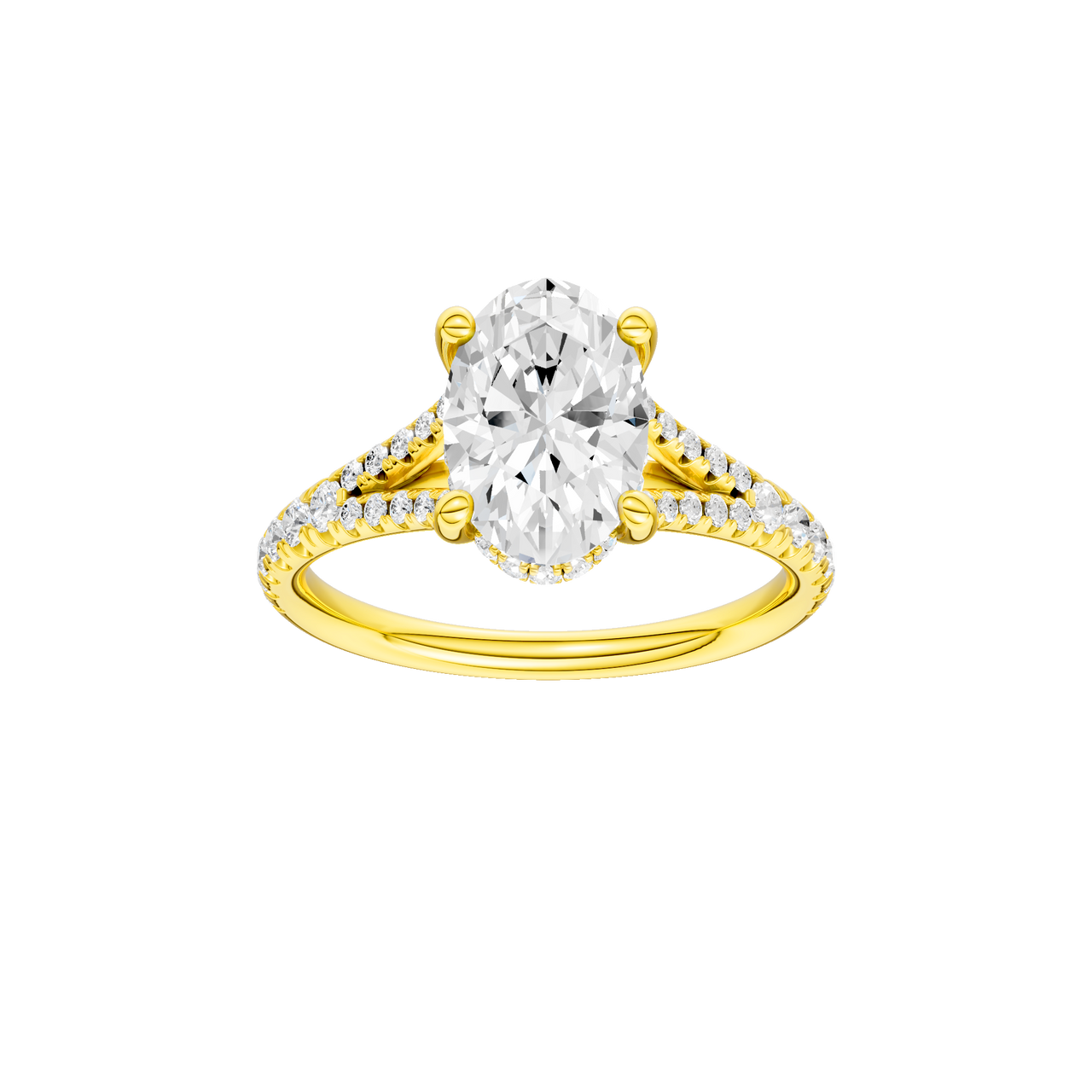 A front view of the Oval cut diamond engagement ring in 14k yellow gold with a prong band and hidden halo setting