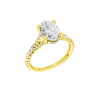 A three-quarter view of the Oval cut diamond engagement ring in 14k yellow gold with a prong band and hidden halo setting