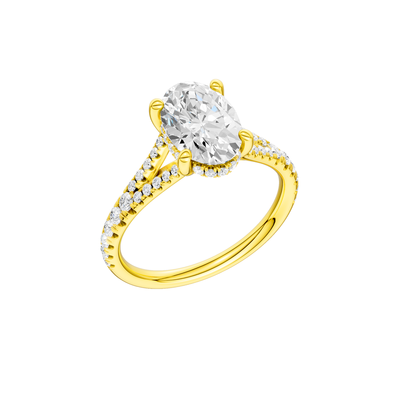 A three-quarter view of the Oval cut diamond engagement ring in 14k yellow gold with a prong band and hidden halo setting