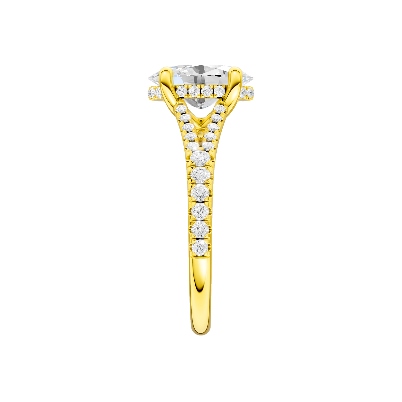 A side view of the Oval cut diamond engagement ring in 14k yellow gold with a prong band and hidden halo setting