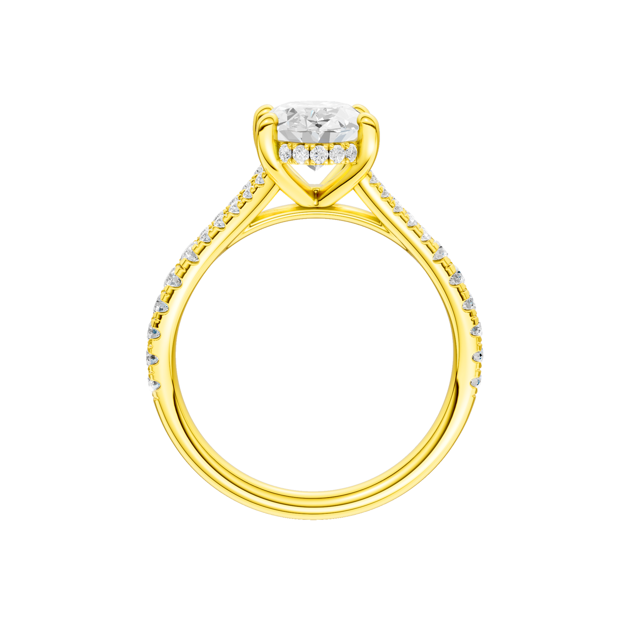A profile view of the Oval cut diamond engagement ring in 14k yellow gold with a prong band and hidden halo setting