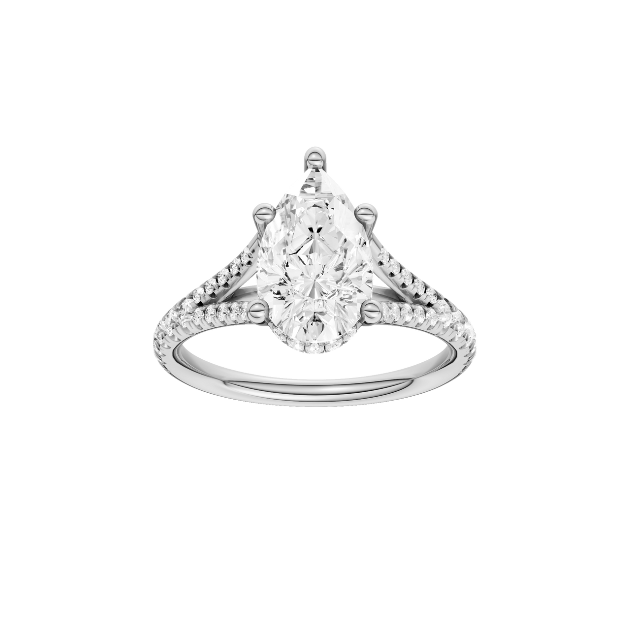 A front view of the Pear cut diamond engagement ring in 14k white gold with a prong band and cathedral setting