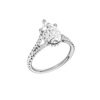 A three-quarter view of the Pear cut diamond engagement ring in platinum with a prong band and cathedral setting