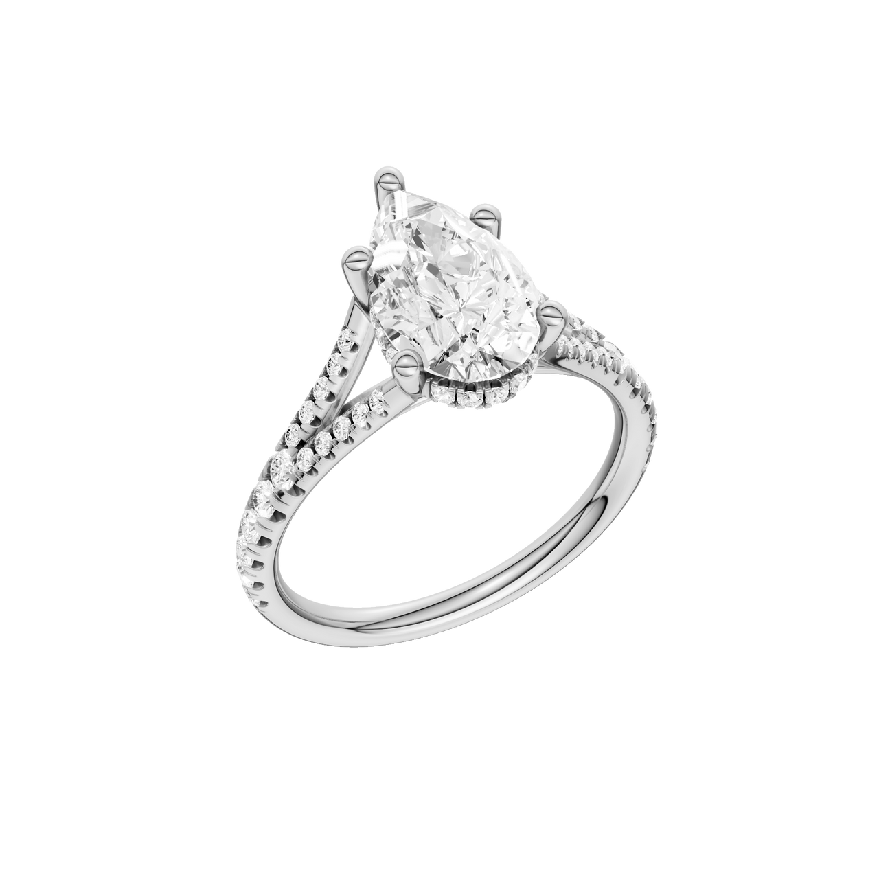 A three-quarter view of the Pear cut diamond engagement ring in 14k white gold with a prong band and cathedral setting