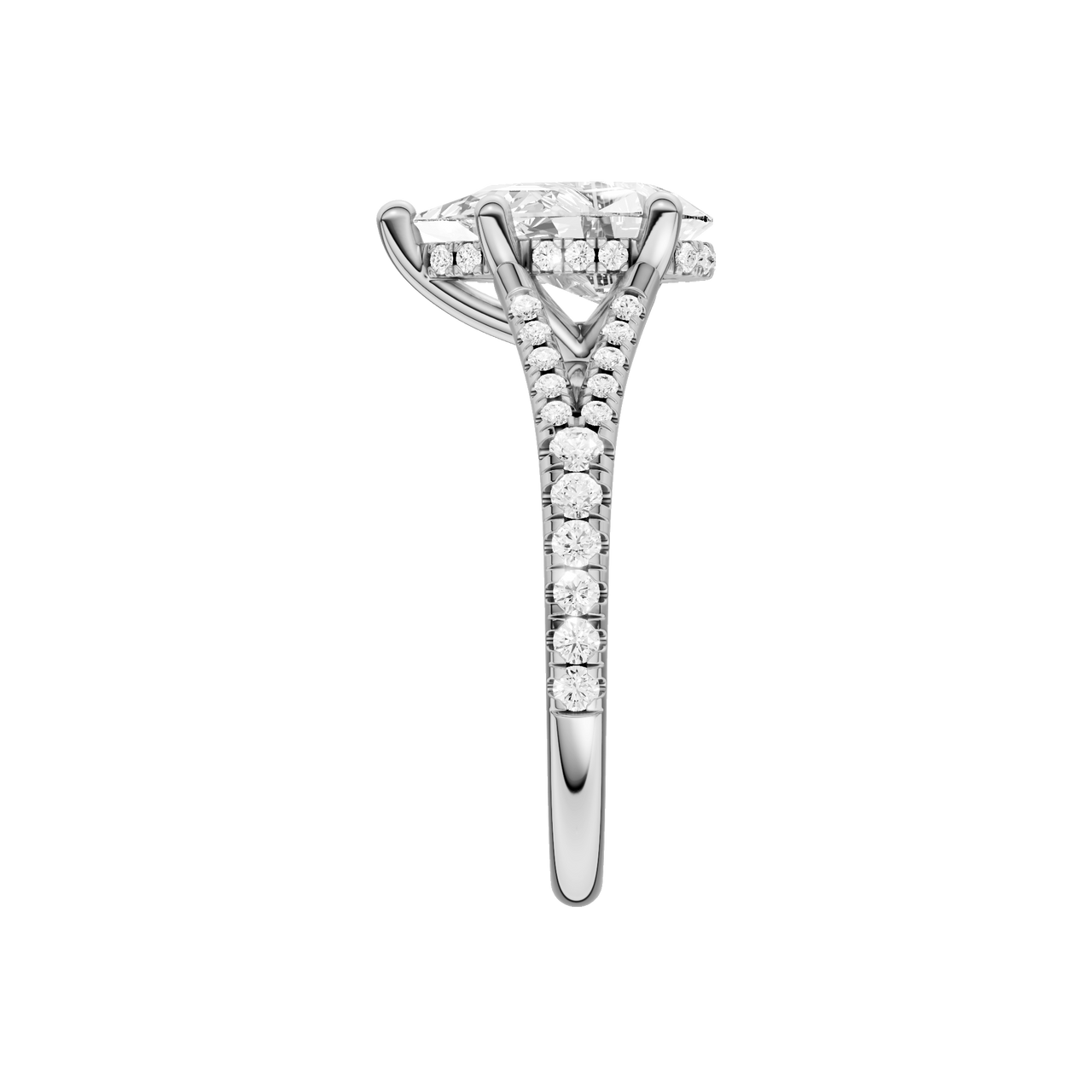 A side view of the Pear cut diamond engagement ring in platinum with a prong band and cathedral setting